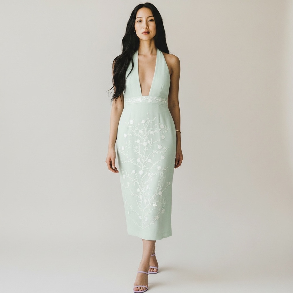 Fanm Mon Mint Green Embroidered Backless Halter Midi Dress